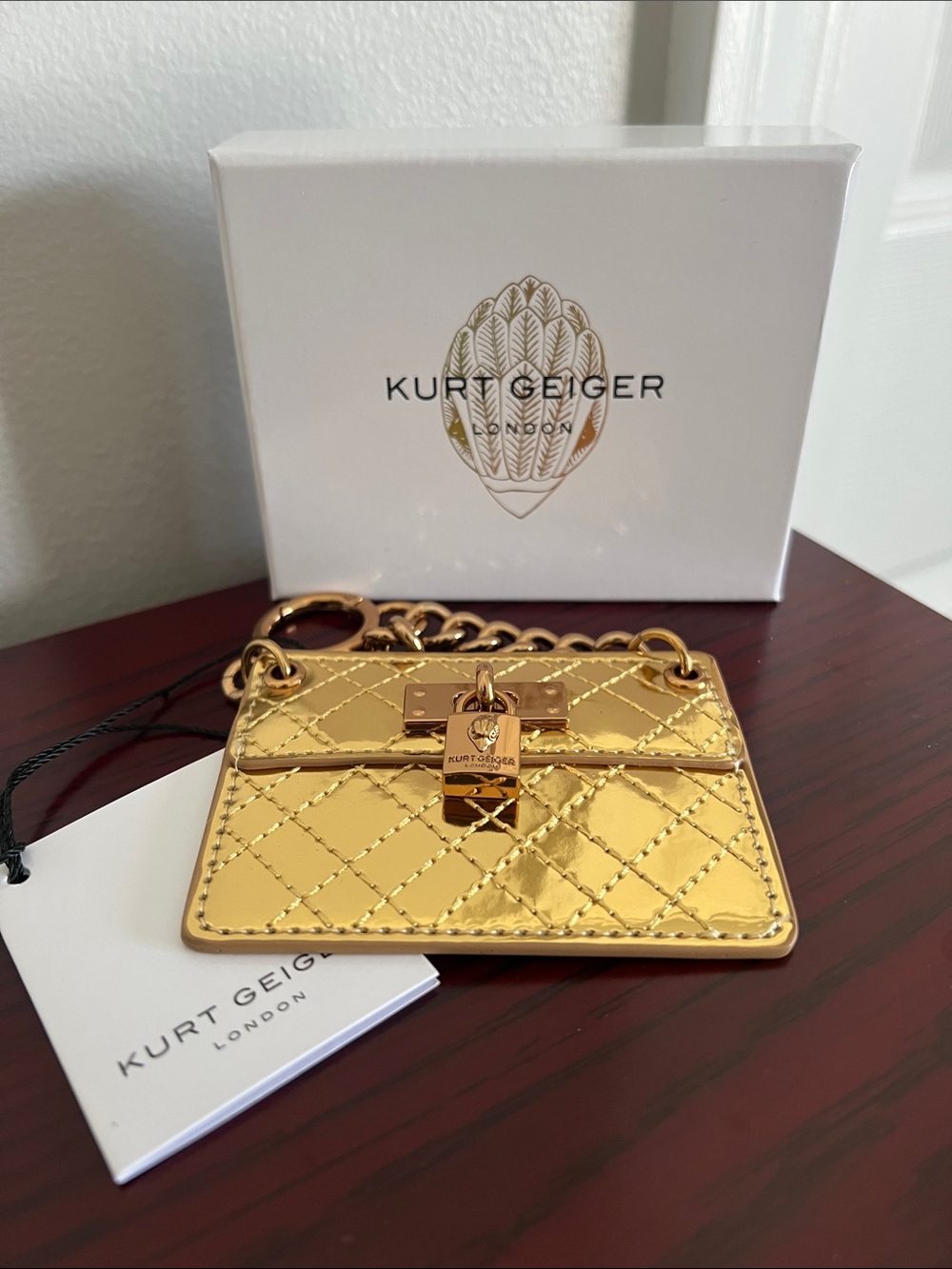 Kurt Geiger Brixton Metallic Gold Quilted Mini Purse Keychain